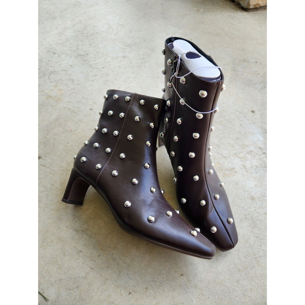 New A New Day Brown Faux Leather Studded Ankle Zip Block Pointed Toe Bootie 7 - Picture 2 of 4